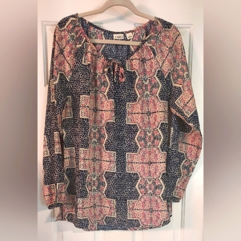 Cato Woman Rust And Blue Mosaic Print Long Sleeve Peasant Tunic Blouse Size M.